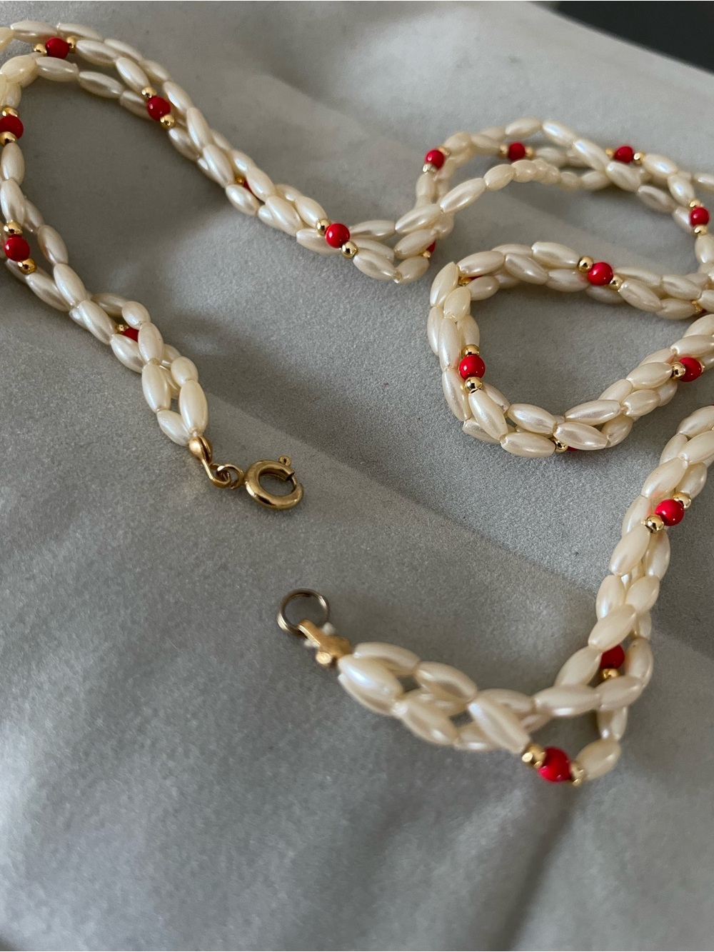 Pearl and Red Bead Twisted Necklace - Women’s Jewelry - Picture 8 of 14